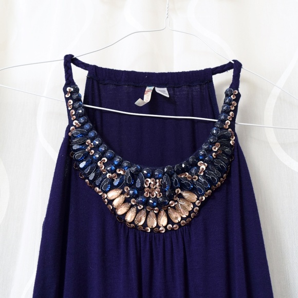 Navy Beaded Collar Scoop Neck Tank Top | Size S - Picture 3 of 4